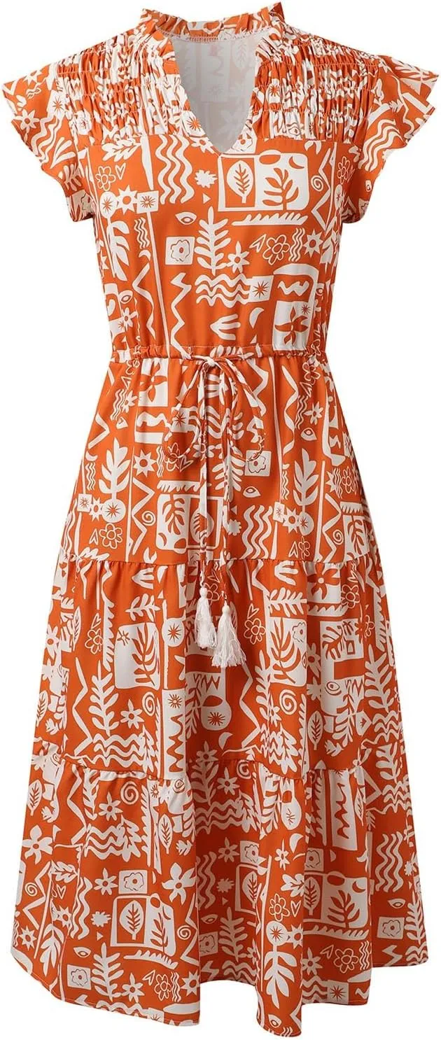 Women's Floral Boho Dress Hawaiian Dresse Short Sleeve V Neck Summer Beach Wedding Guest Swing Maxi Sundress