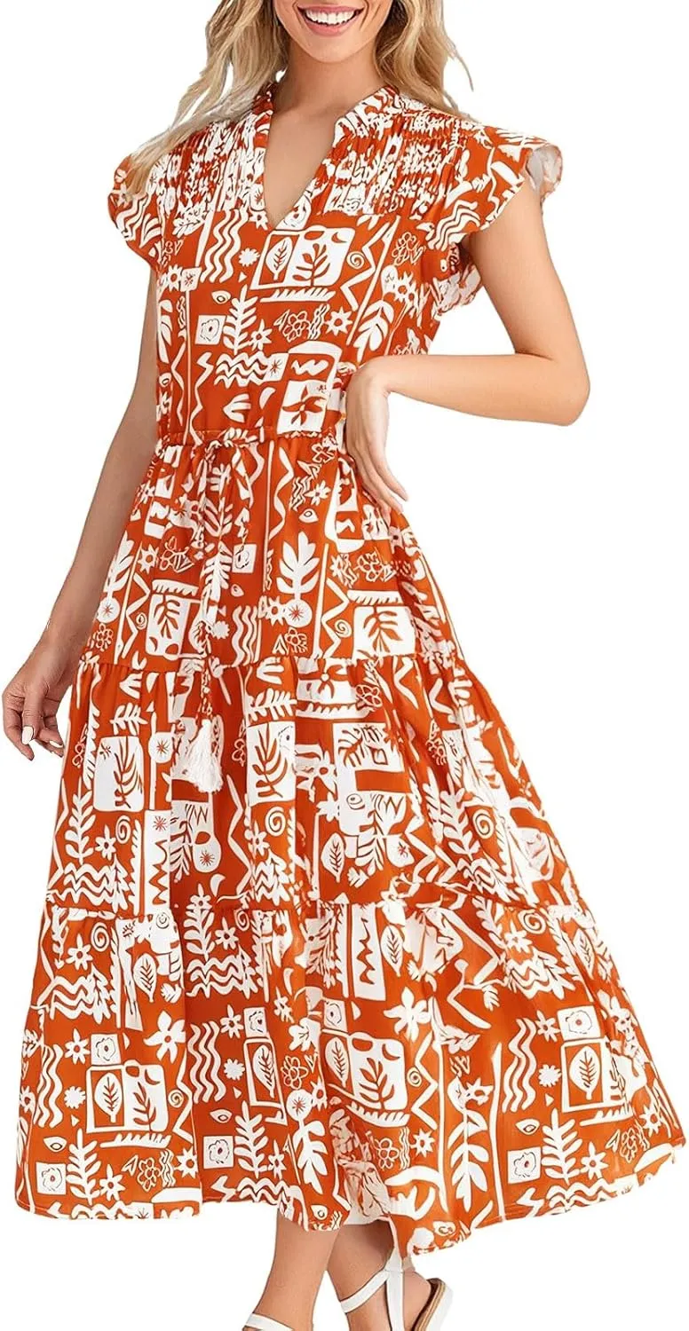 Women's Floral Boho Dress Hawaiian Dresse Short Sleeve V Neck Summer Beach Wedding Guest Swing Maxi Sundress