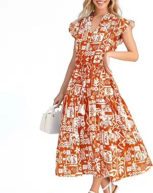 Women's Floral Boho Dress Hawaiian Dresse Short Sleeve V Neck Summer Beach Wedding Guest Swing Maxi Sundress