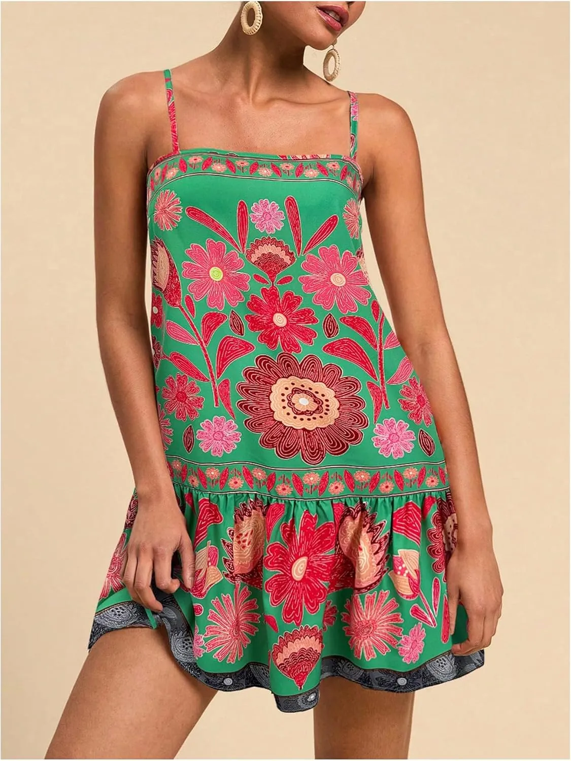 Women's Floral Boho Flowy Mini Cami Dress Ruffle Hem Spaghetti Strap Vacation Tank Dresses