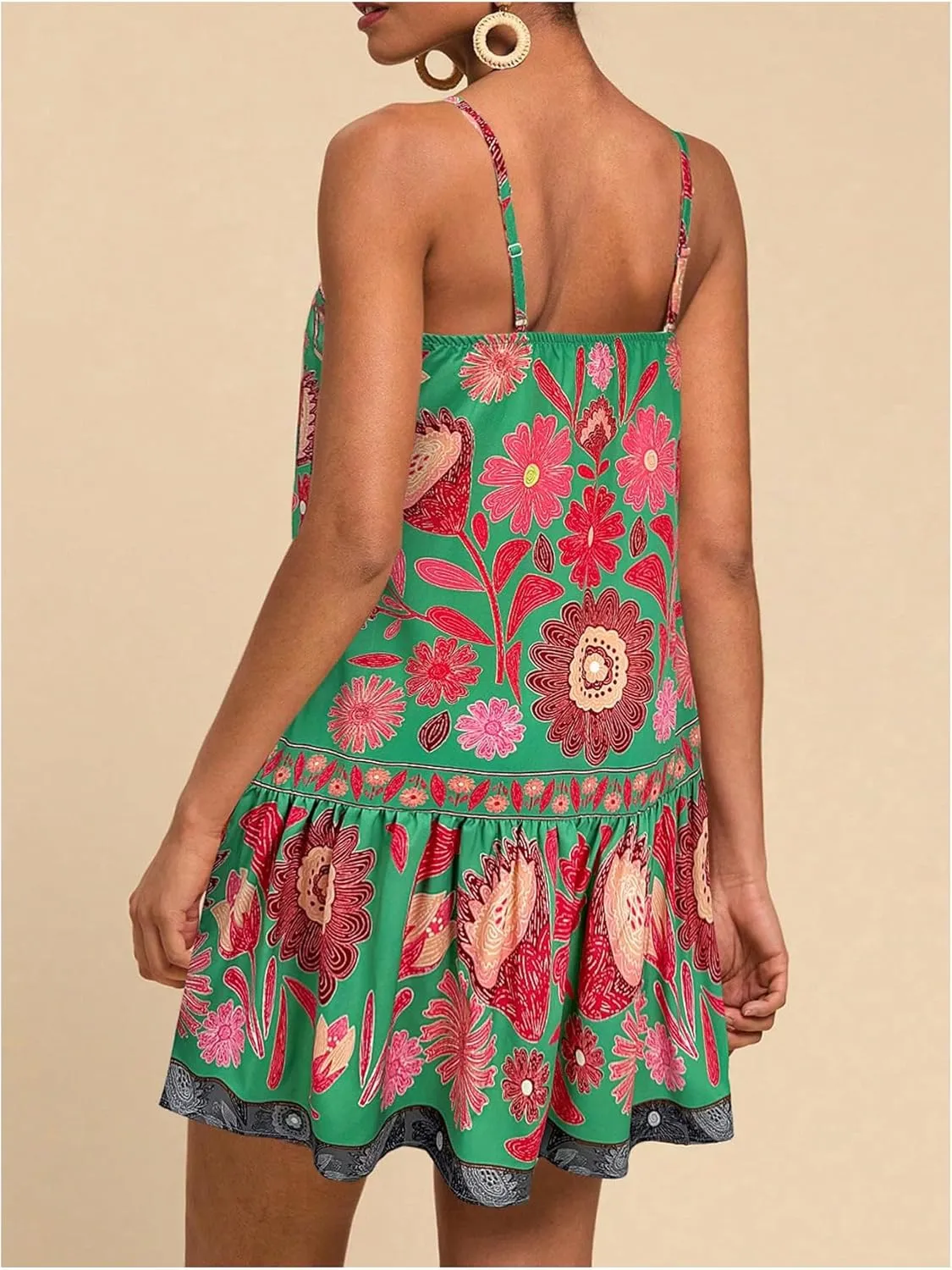 Women's Floral Boho Flowy Mini Cami Dress Ruffle Hem Spaghetti Strap Vacation Tank Dresses