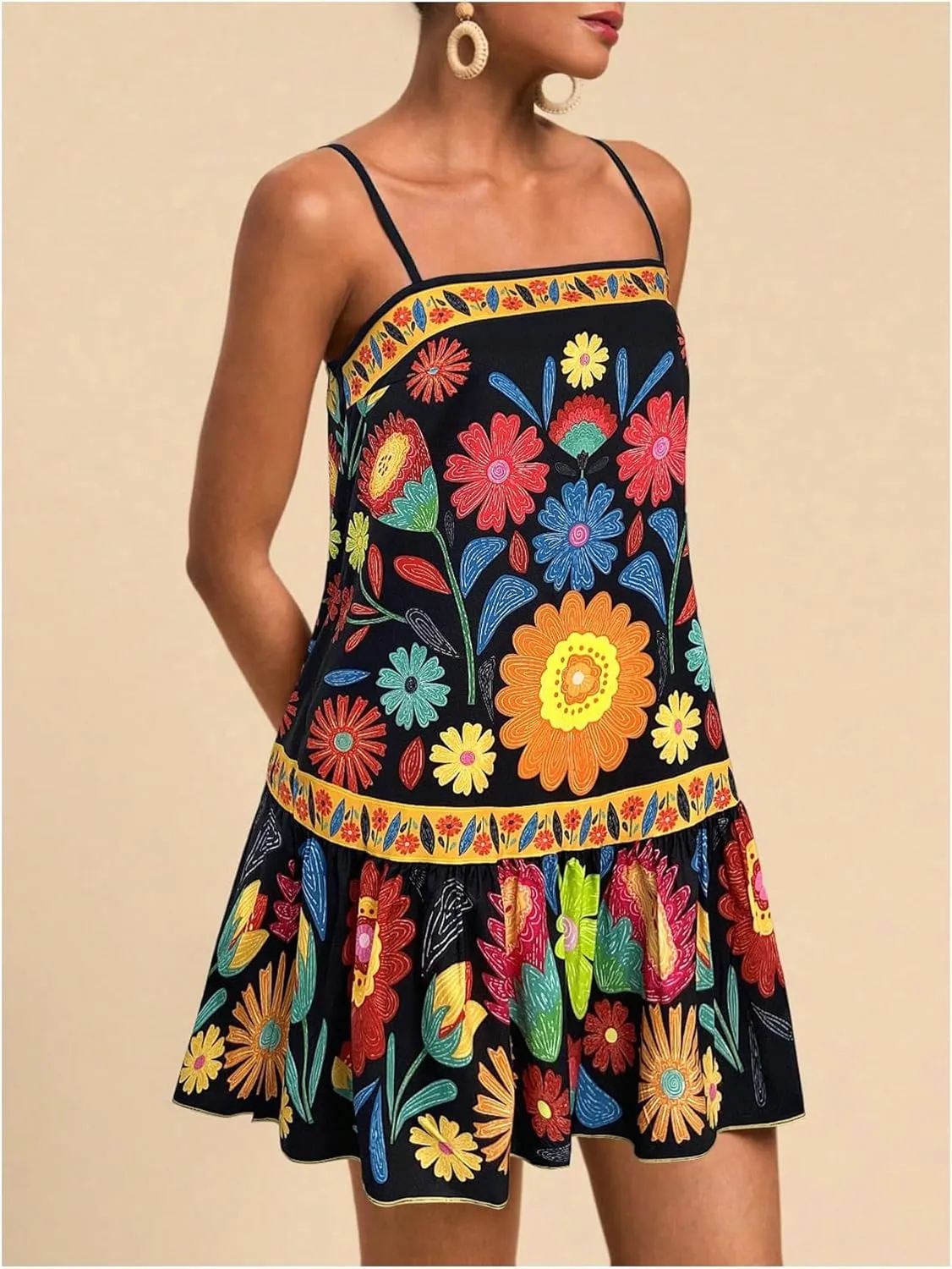 Women's Floral Boho Flowy Mini Cami Dress Ruffle Hem Spaghetti Strap Vacation Tank Dresses