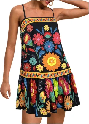 Women's Floral Boho Flowy Mini Cami Dress Ruffle Hem Spaghetti Strap Vacation Tank Dresses