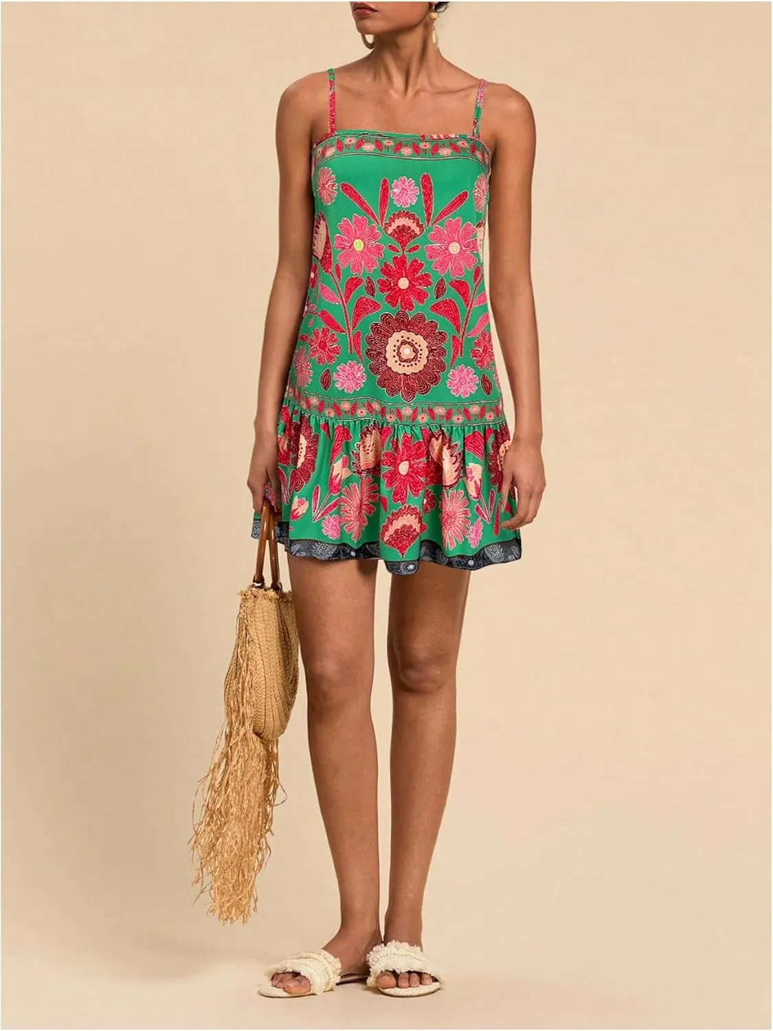 Women's Floral Boho Flowy Mini Cami Dress Ruffle Hem Spaghetti Strap Vacation Tank Dresses