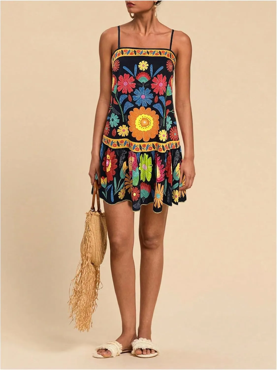 Women's Floral Boho Flowy Mini Cami Dress Ruffle Hem Spaghetti Strap Vacation Tank Dresses