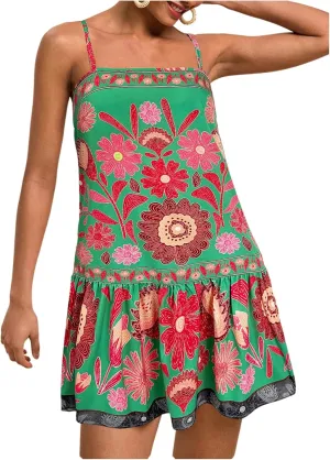 Women's Floral Boho Flowy Mini Cami Dress Ruffle Hem Spaghetti Strap Vacation Tank Dresses