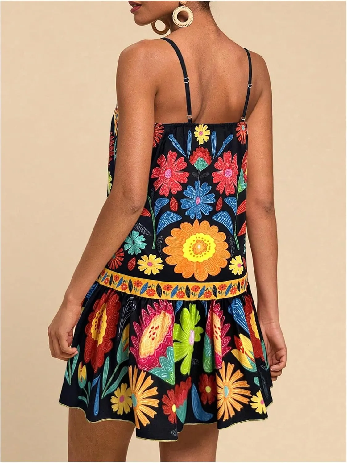 Women's Floral Boho Flowy Mini Cami Dress Ruffle Hem Spaghetti Strap Vacation Tank Dresses