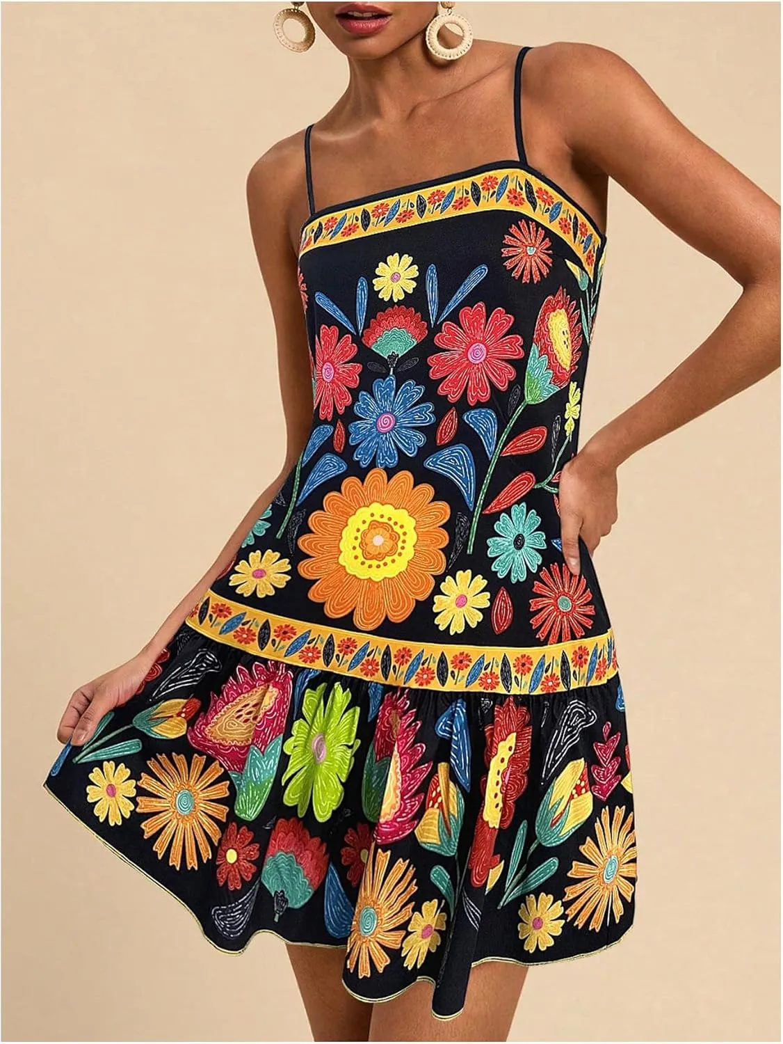 Women's Floral Boho Flowy Mini Cami Dress Ruffle Hem Spaghetti Strap Vacation Tank Dresses