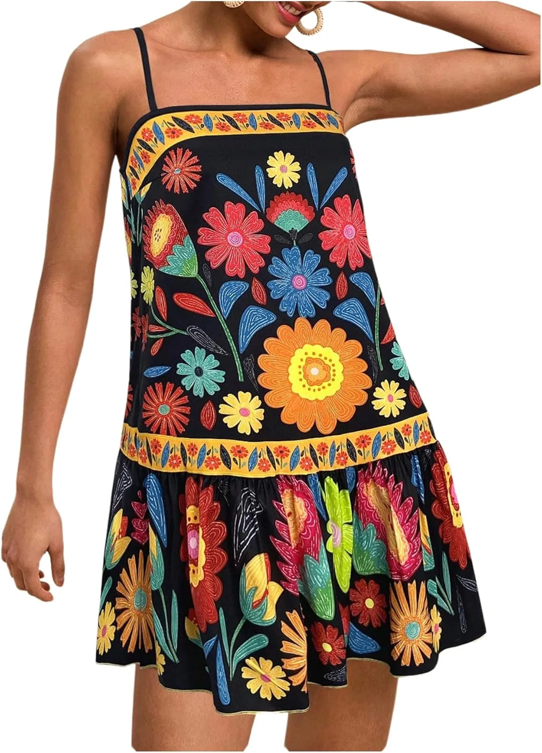 Women's Floral Boho Flowy Mini Cami Dress Ruffle Hem Spaghetti Strap Vacation Tank Dresses