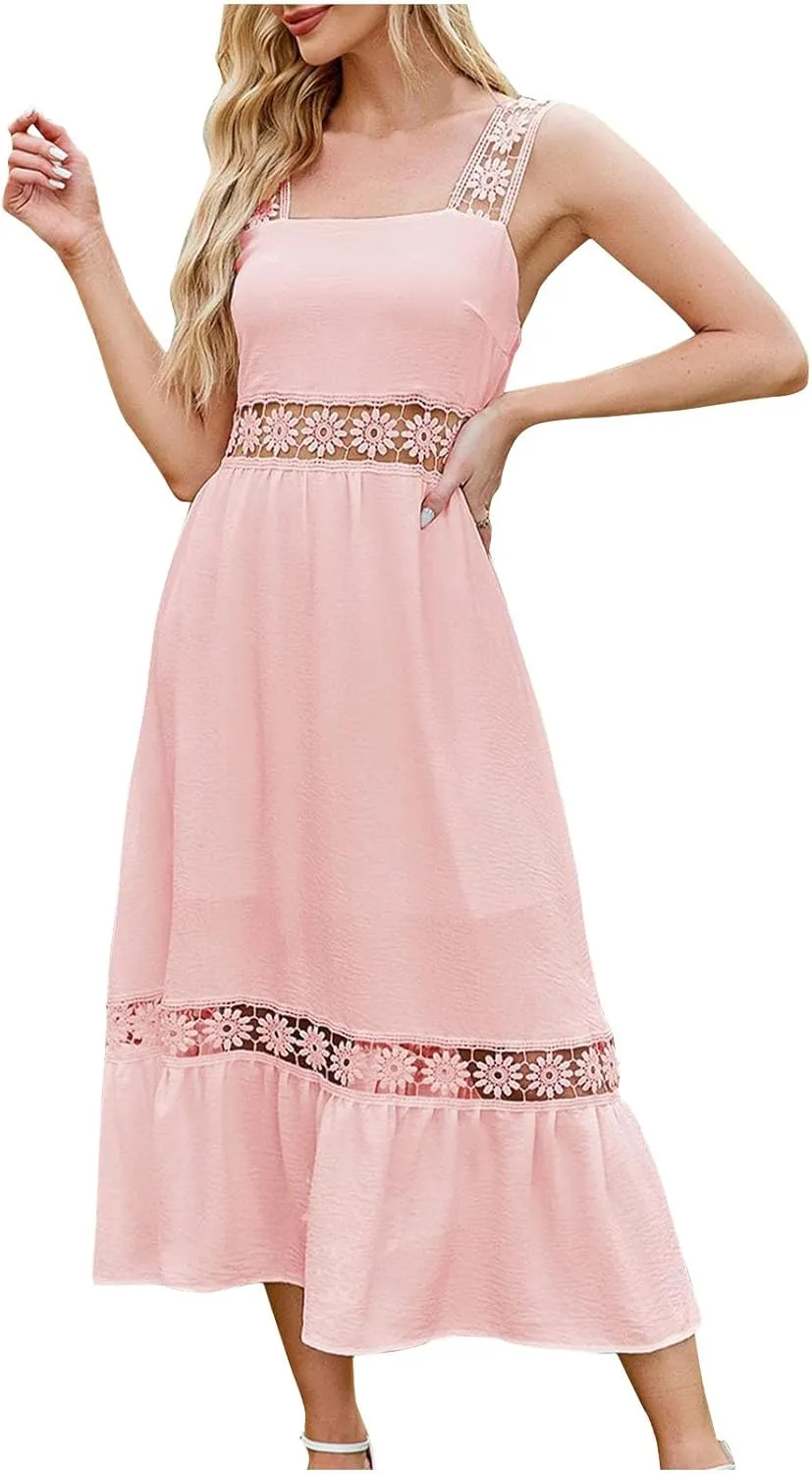 Women's Floral Hollow Out Zip Back Cami Dress High Waist Tiered Midi Dress Summer Sleeveless Flowy Casual Sundress
