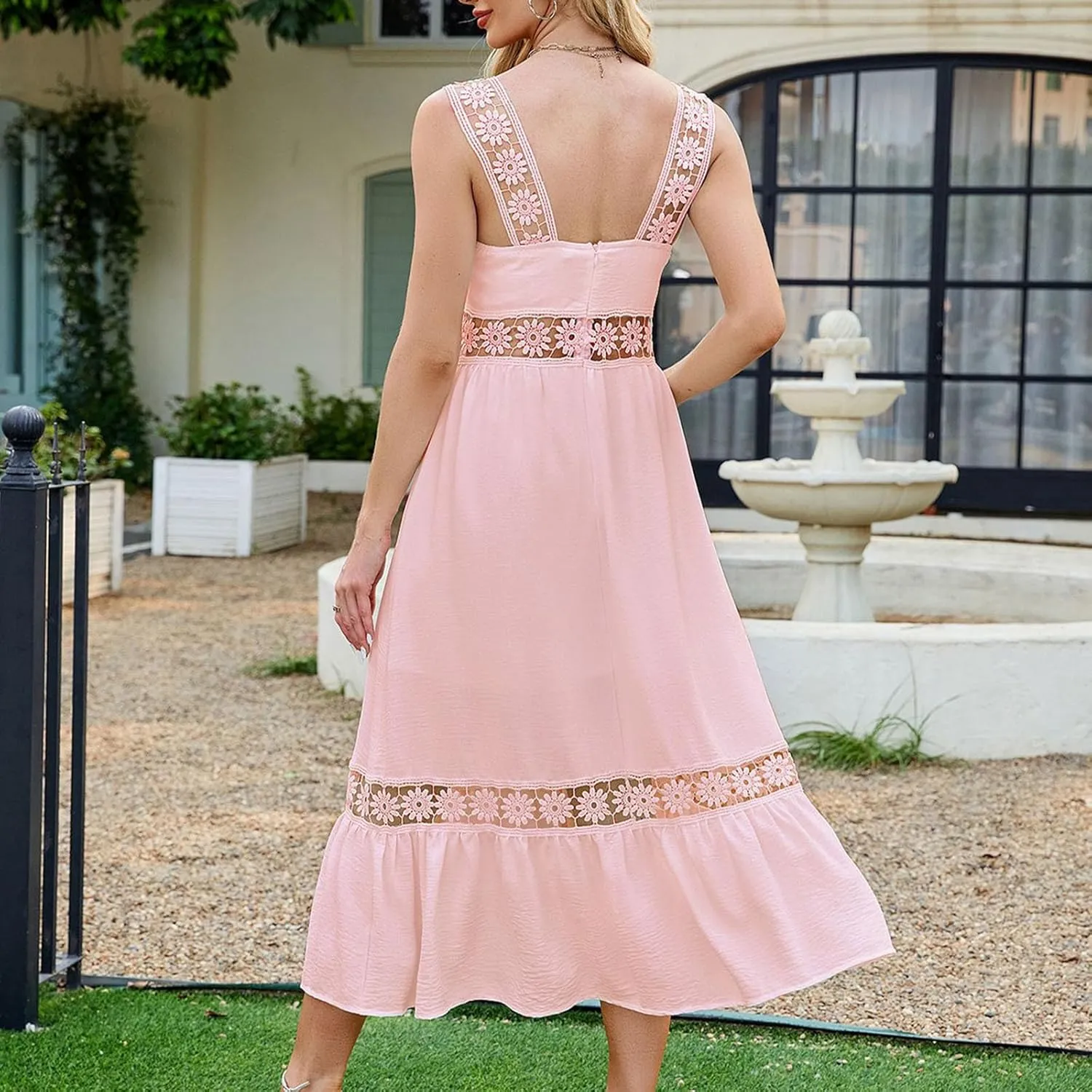Women's Floral Hollow Out Zip Back Cami Dress High Waist Tiered Midi Dress Summer Sleeveless Flowy Casual Sundress