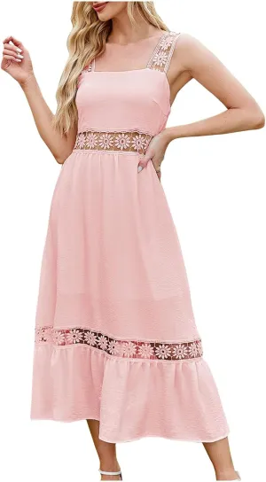 Women's Floral Hollow Out Zip Back Cami Dress High Waist Tiered Midi Dress Summer Sleeveless Flowy Casual Sundress