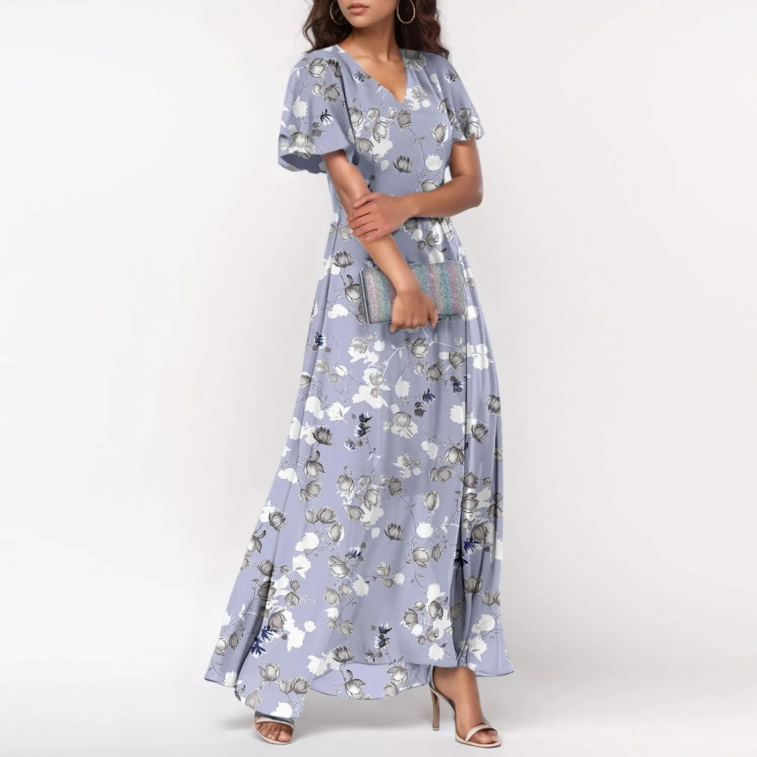 Womens Floral Maxi Dress V Neck Flutter Sleeve Chiffon Long Flowy Dresses Casual Summer Boho Beach Vacation Dresses