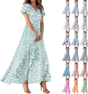 Womens Floral Maxi Dress V Neck Flutter Sleeve Chiffon Long Flowy Dresses Casual Summer Boho Beach Vacation Dresses