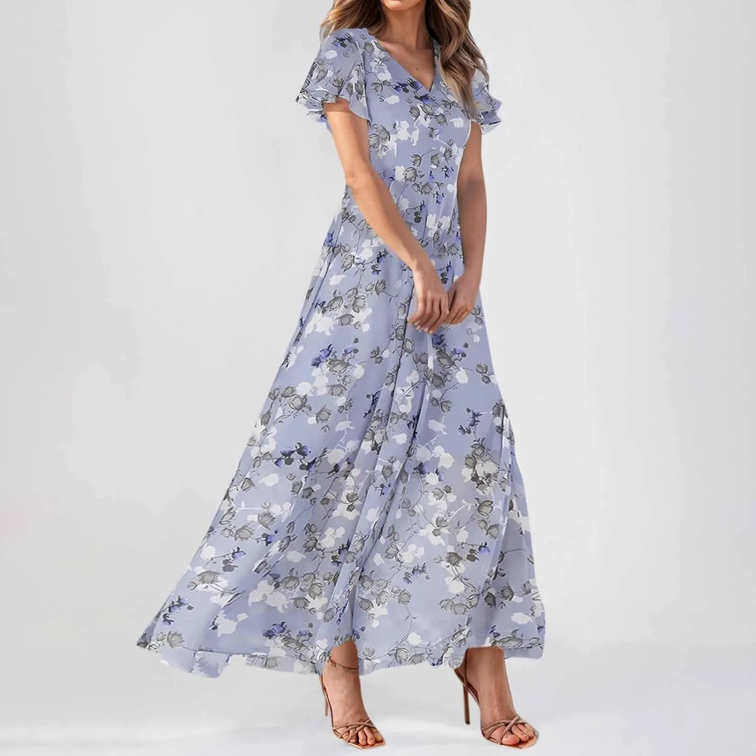 Womens Floral Maxi Dress V Neck Flutter Sleeve Chiffon Long Flowy Dresses Casual Summer Boho Beach Vacation Dresses