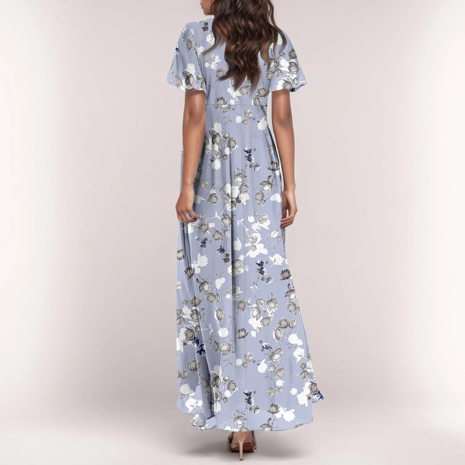 Womens Floral Maxi Dress V Neck Flutter Sleeve Chiffon Long Flowy Dresses Casual Summer Boho Beach Vacation Dresses