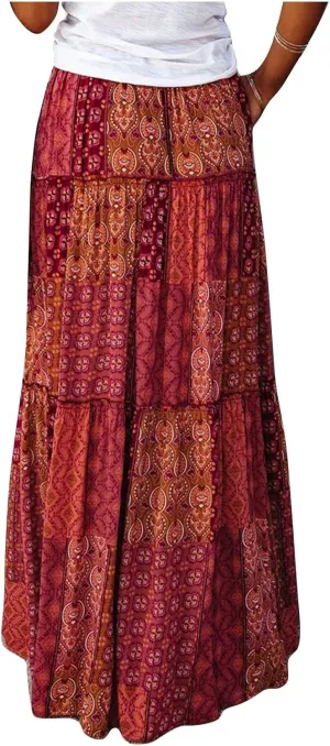 Womens Floral Print Boho Maxi Skirt Elastic High Waist Pleated Ruffle Flowy Long Skirts with Pockets