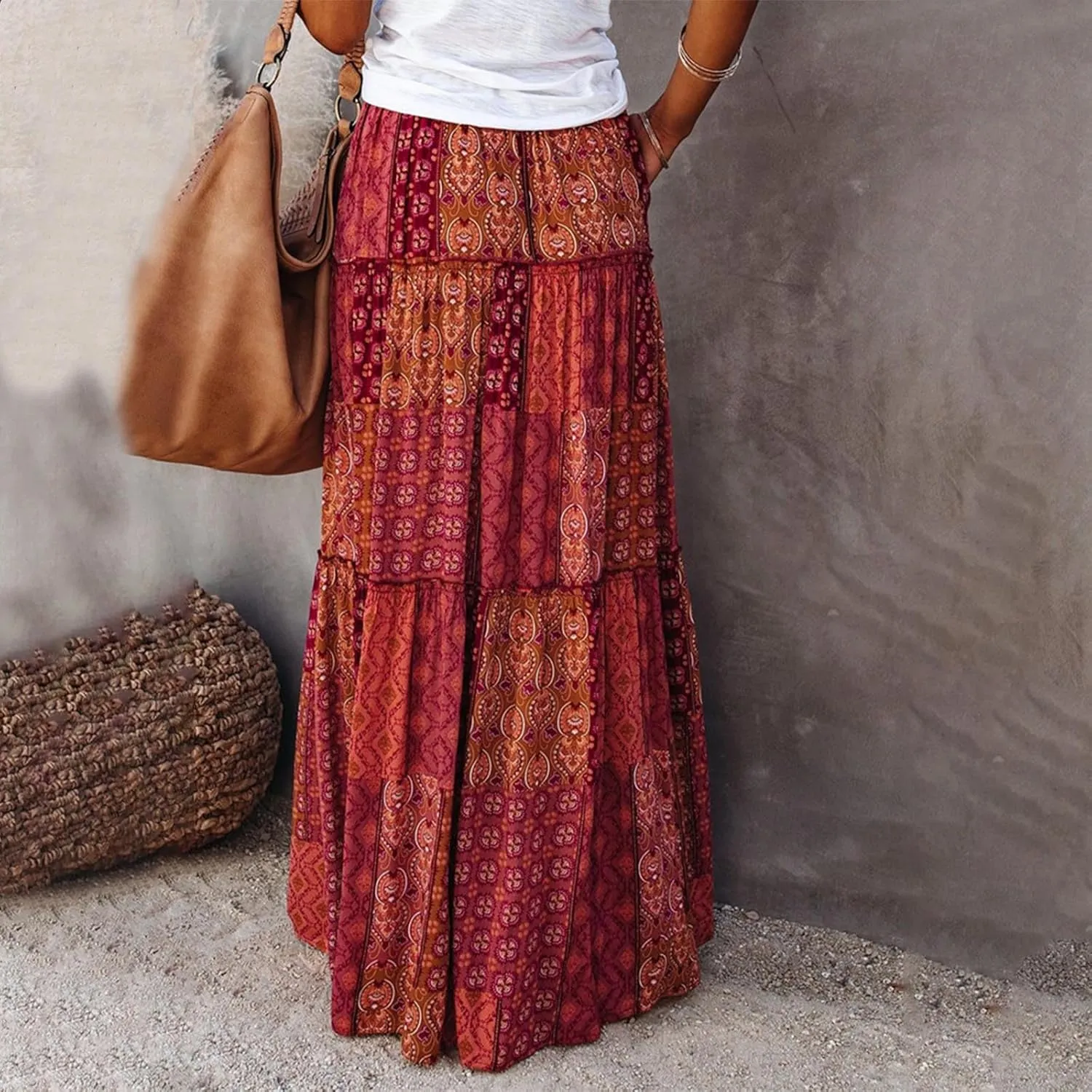 Womens Floral Print Boho Maxi Skirt Elastic High Waist Pleated Ruffle Flowy Long Skirts with Pockets
