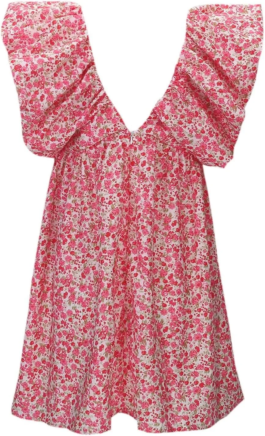 Women's Floral Print Mini Dress Backless V Neck Puff Sleeve Flowy Dresses Short Babydoll Bow Shirts Sundress