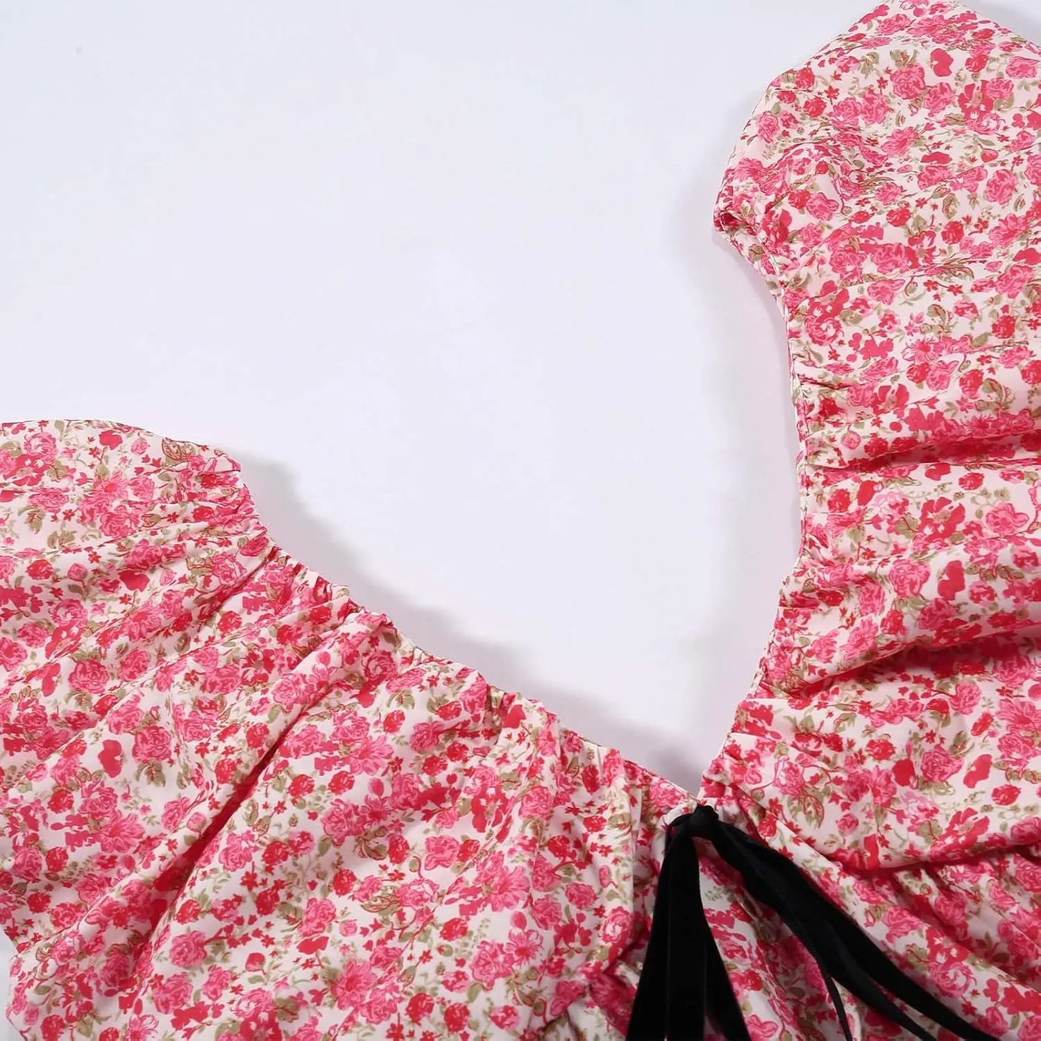 Women's Floral Print Mini Dress Backless V Neck Puff Sleeve Flowy Dresses Short Babydoll Bow Shirts Sundress
