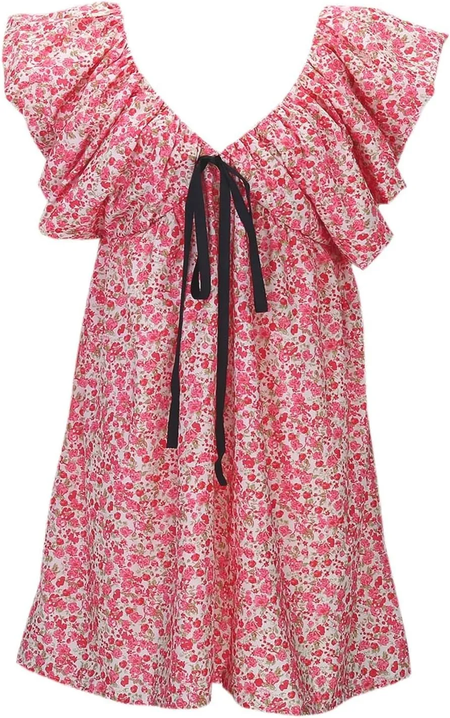 Women's Floral Print Mini Dress Backless V Neck Puff Sleeve Flowy Dresses Short Babydoll Bow Shirts Sundress