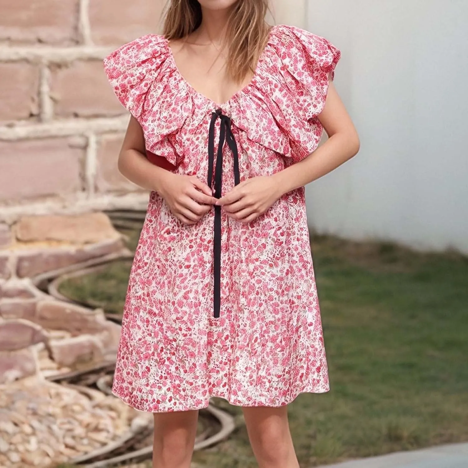 Women's Floral Print Mini Dress Backless V Neck Puff Sleeve Flowy Dresses Short Babydoll Bow Shirts Sundress