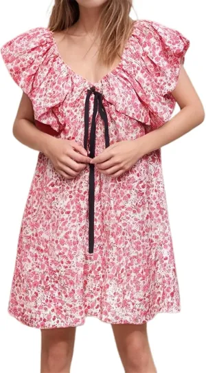 Women's Floral Print Mini Dress Backless V Neck Puff Sleeve Flowy Dresses Short Babydoll Bow Shirts Sundress