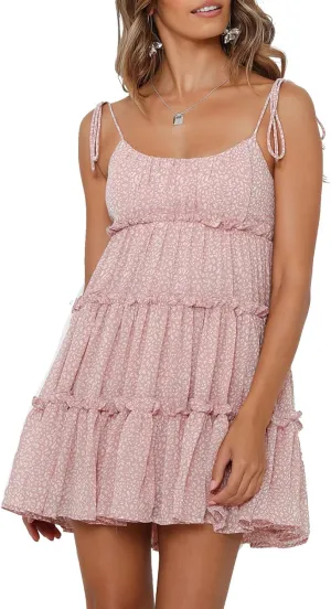 Women's Floral Tie Strap Ruffle Tiered Chiffon Sundress Sleeveless Swing Summer Beach Mini Dress