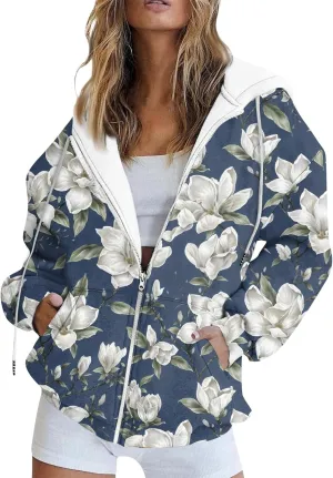Women's Floral Zip Up Hoodies With Pockets, Casual Style, Long Sleeve, S-3XL