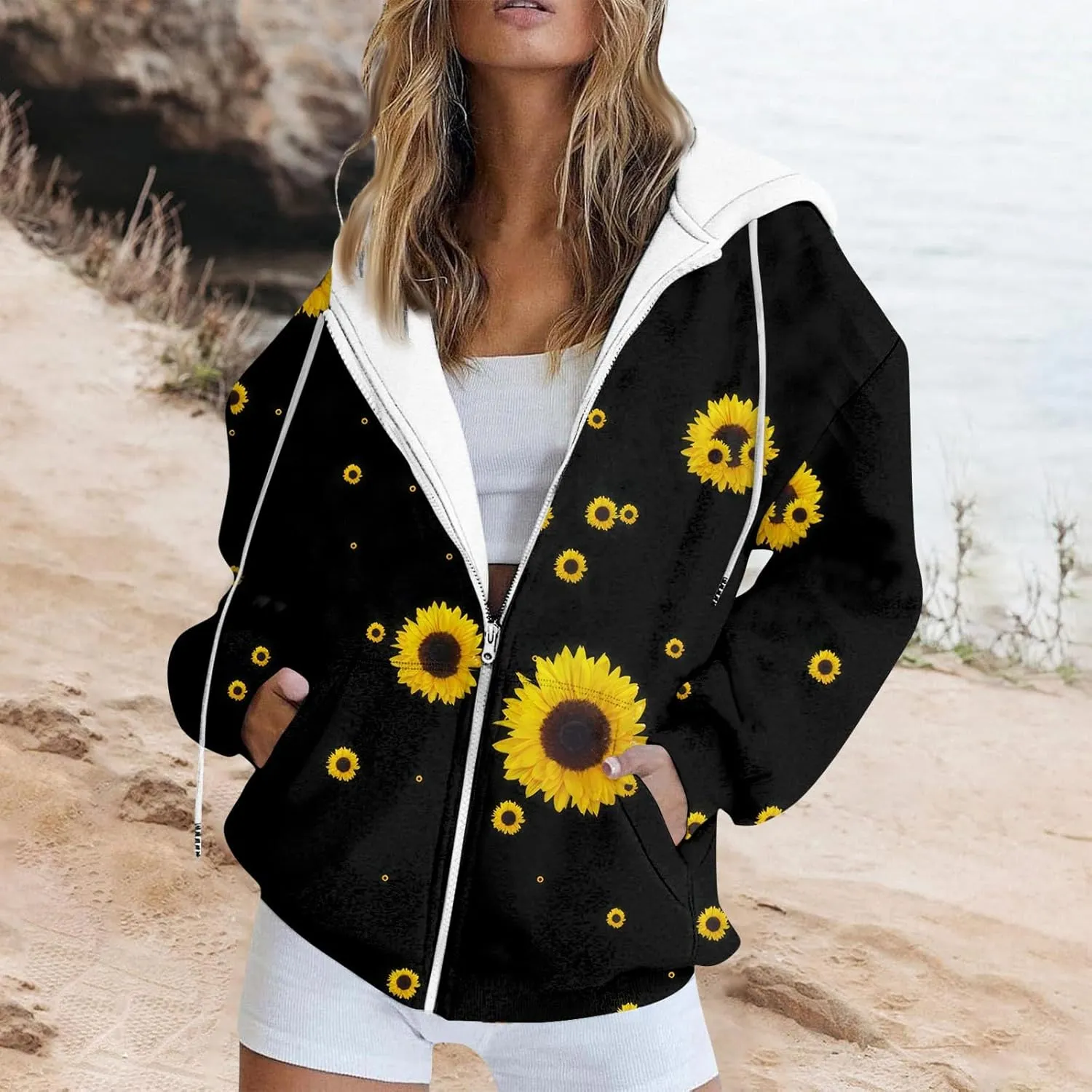 Women's Floral Zip Up Hoodies With Pockets, Casual Style, Long Sleeve, S-3XL