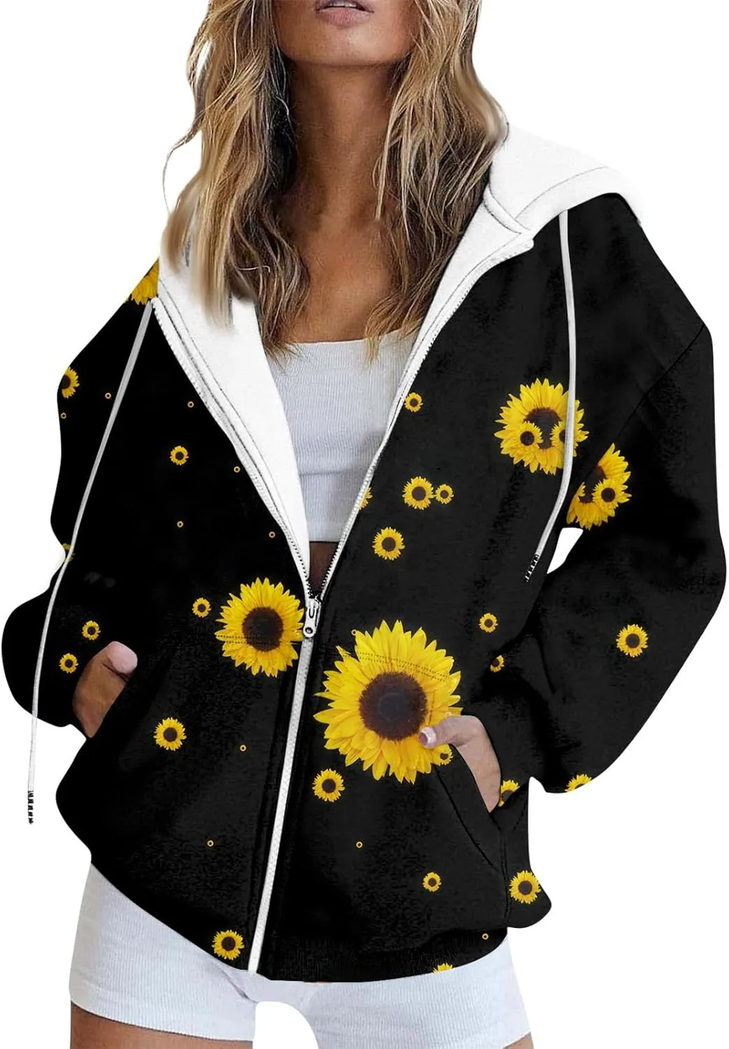Women's Floral Zip Up Hoodies With Pockets, Casual Style, Long Sleeve, S-3XL