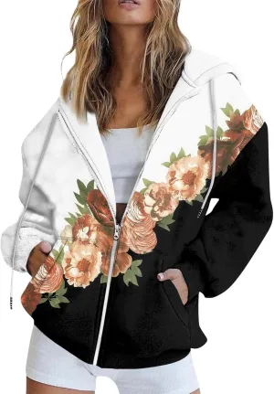 Women's Floral Zip Up Hoodies With Pockets, Casual Style, Long Sleeve, S-3XL
