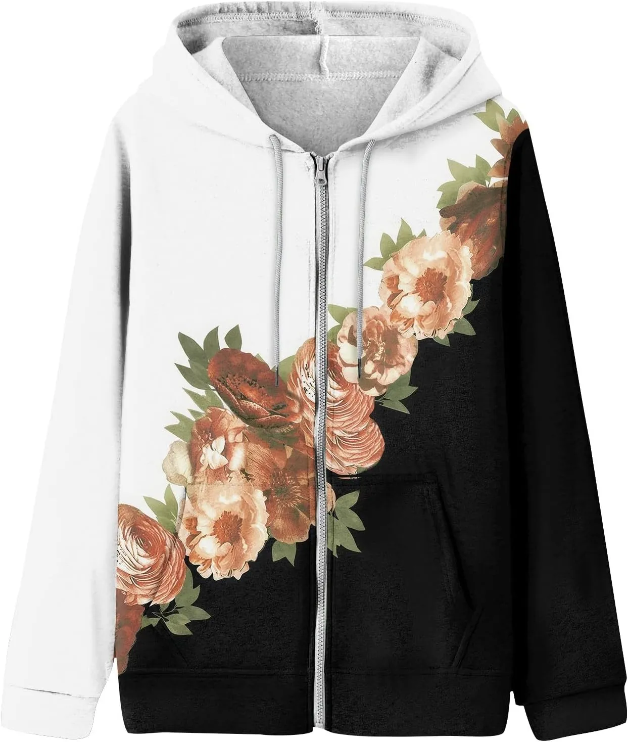 Women's Floral Zip Up Hoodies With Pockets, Casual Style, Long Sleeve, S-3XL