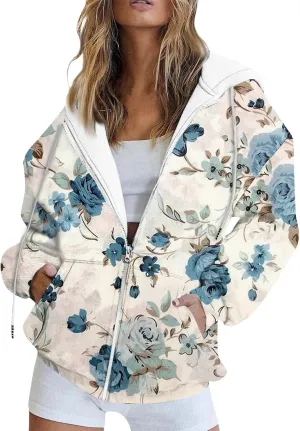 Women's Floral Zip Up Hoodies With Pockets, Casual Style, Long Sleeve, S-3XL