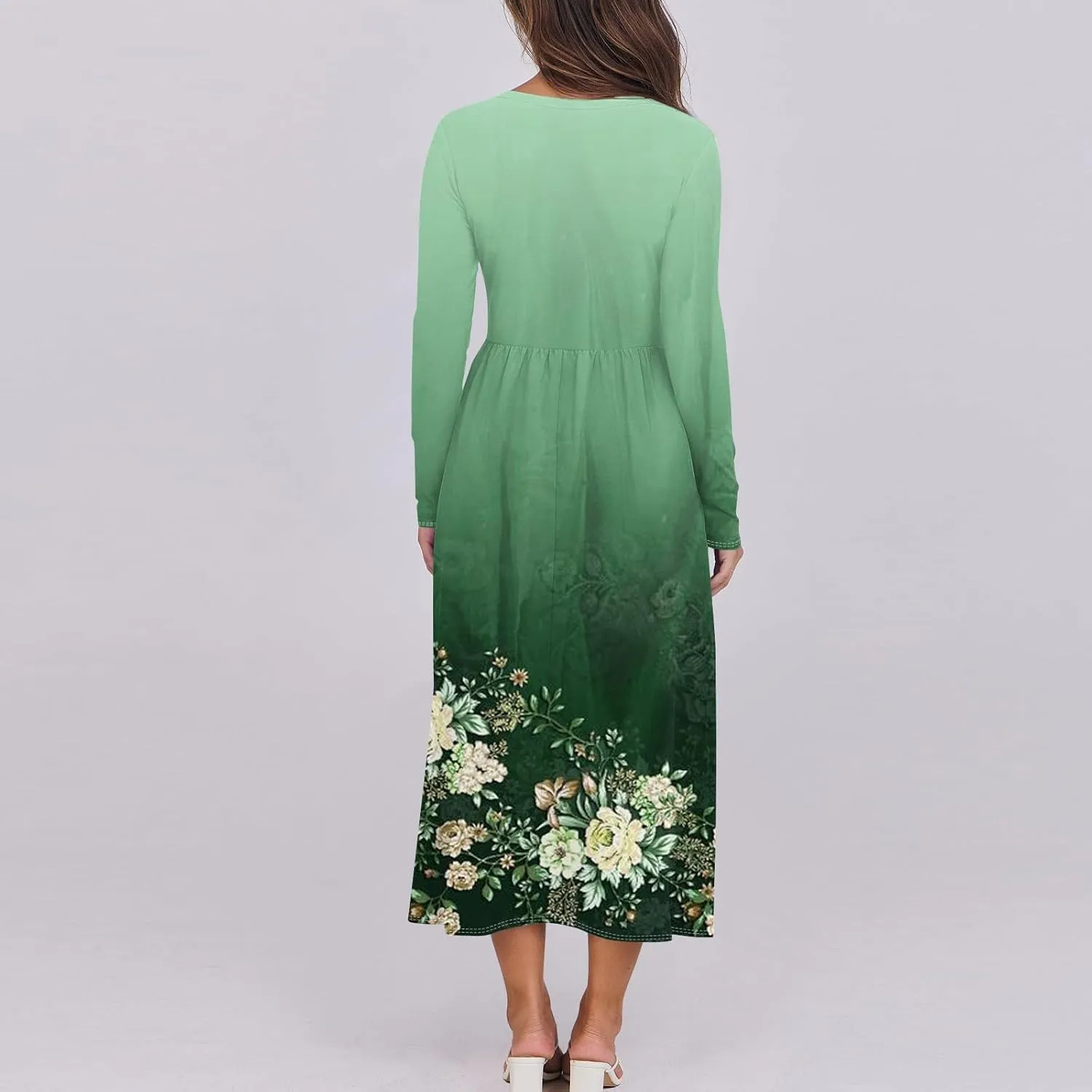 Women's Floral,Gradient Print Midi Boho Dress Casual Long Sleeve Flowy Smocked Dresses with Pocket Fashion