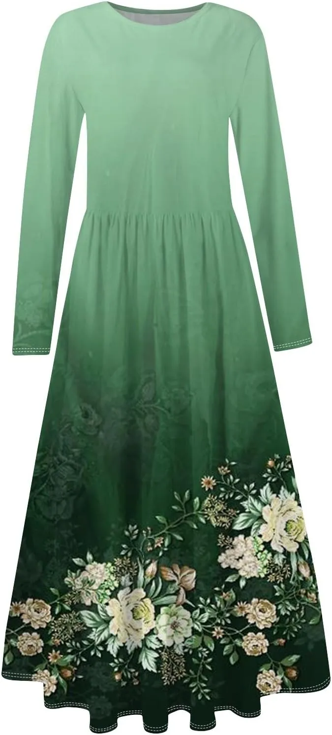 Women's Floral,Gradient Print Midi Boho Dress Casual Long Sleeve Flowy Smocked Dresses with Pocket Fashion