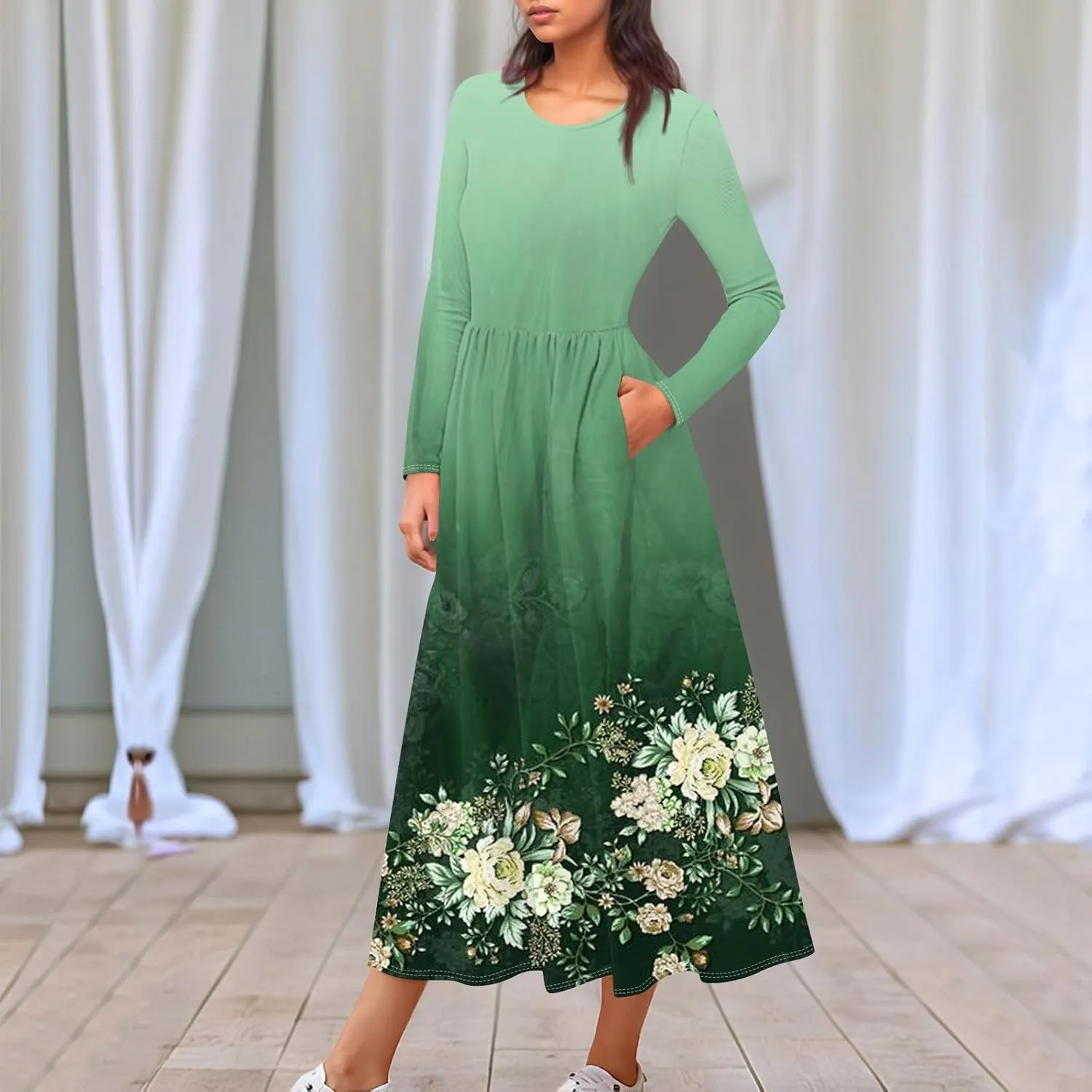 Women's Floral,Gradient Print Midi Boho Dress Casual Long Sleeve Flowy Smocked Dresses with Pocket Fashion