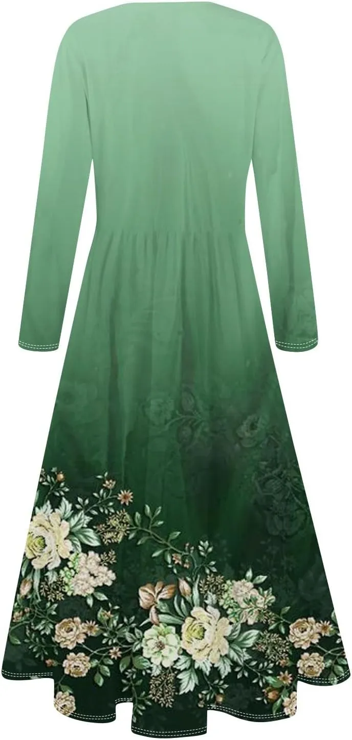 Women's Floral,Gradient Print Midi Boho Dress Casual Long Sleeve Flowy Smocked Dresses with Pocket Fashion