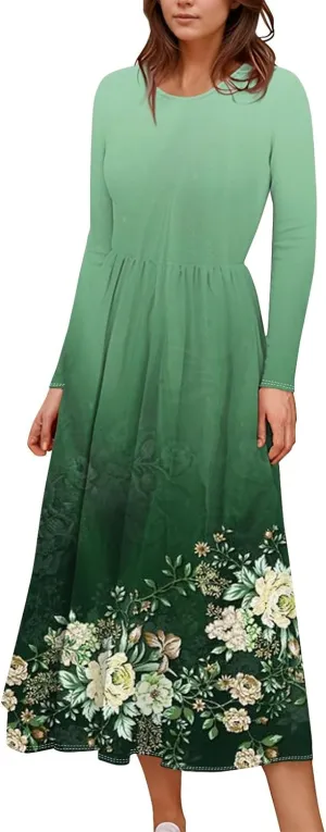Women's Floral,Gradient Print Midi Boho Dress Casual Long Sleeve Flowy Smocked Dresses with Pocket Fashion