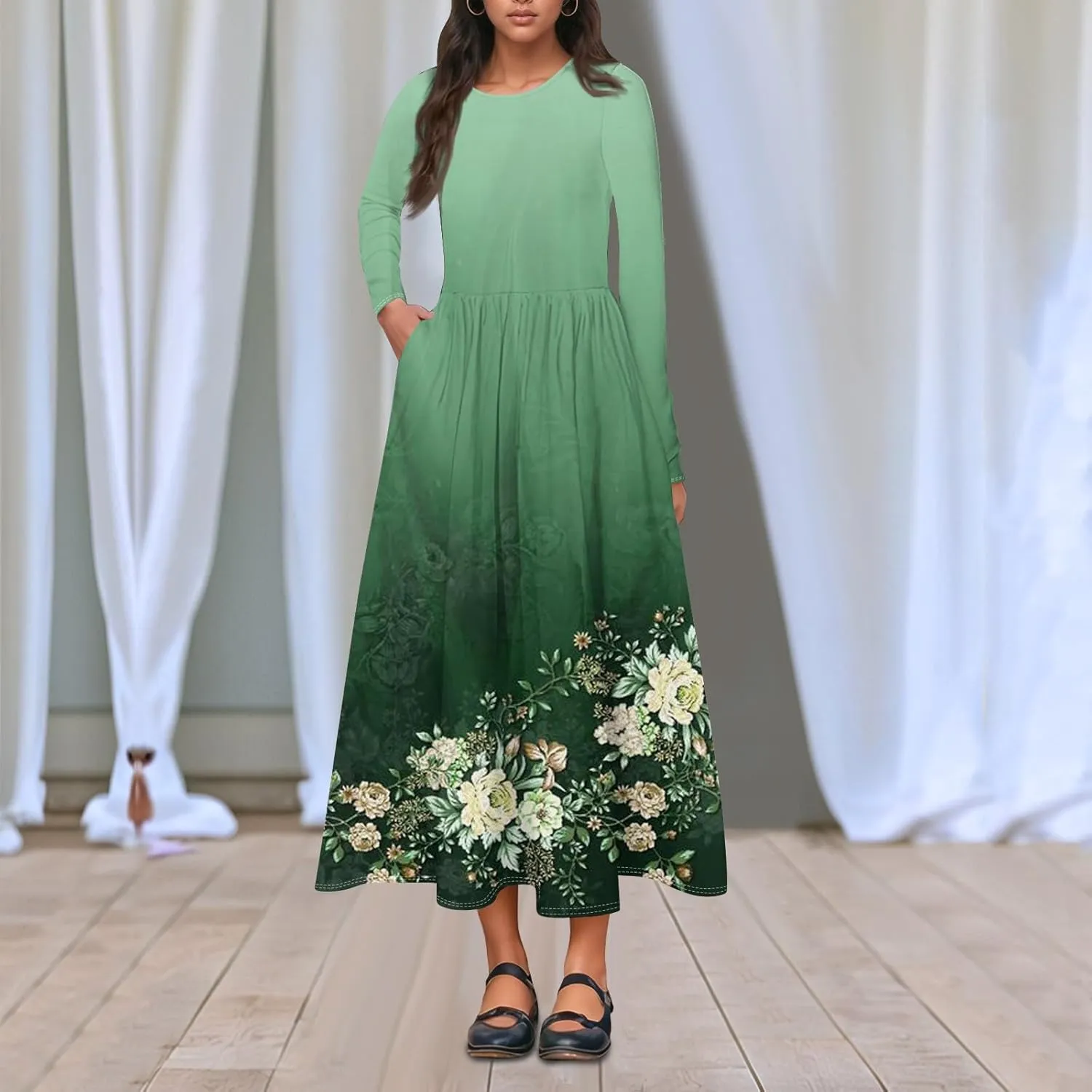 Women's Floral,Gradient Print Midi Boho Dress Casual Long Sleeve Flowy Smocked Dresses with Pocket Fashion