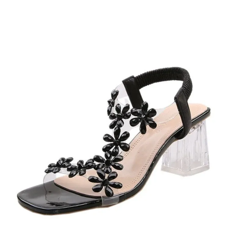 Women's Flower Rhinestone Block Heel Sandals