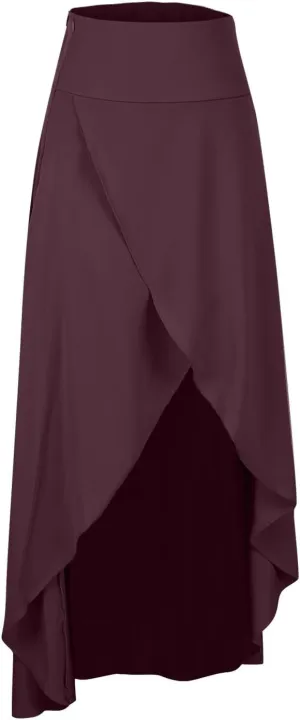 Women's Flowy Long Maxi Skirt Asymmetrical High Low Hem Flared Skirt Casual Slit Wrap Skirt Solid High Waist Skirt