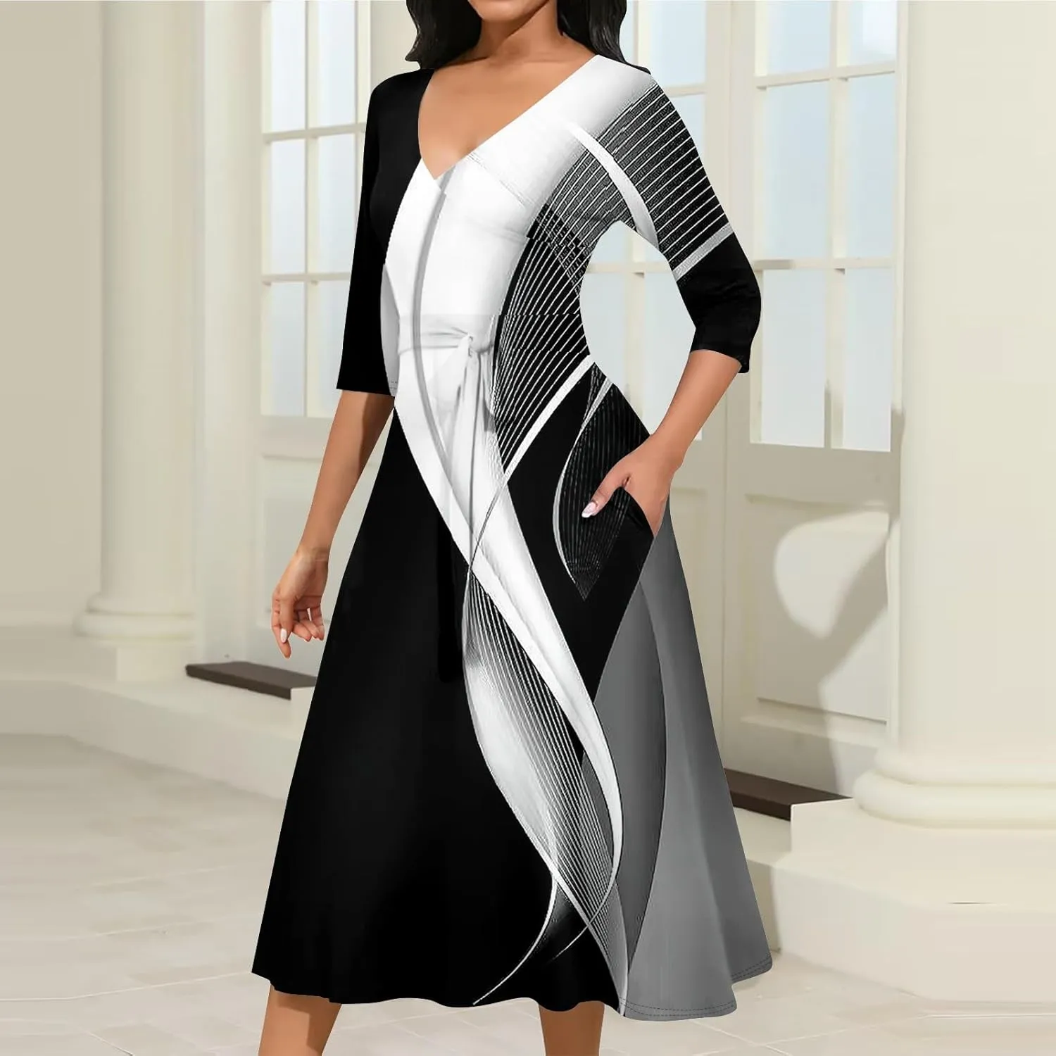 Womens Formal Long Sleeve Midi Dress Trendy Plus Size Sexy V Neck Elegant Smocked Flowy A Line Dresses with Pockets