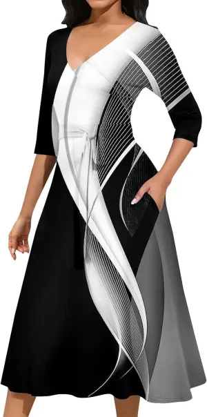Womens Formal Long Sleeve Midi Dress Trendy Plus Size Sexy V Neck Elegant Smocked Flowy A Line Dresses with Pockets