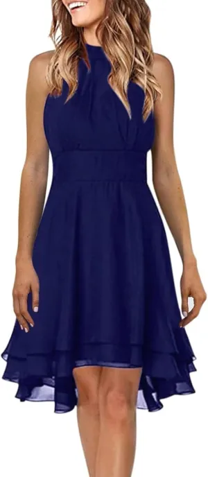 Womens Formal Off Shoulder Chiffon Halter Dresses Trendy Plus Size Sexy Sleeveless Smocked Flowy Elegant Midi Dress