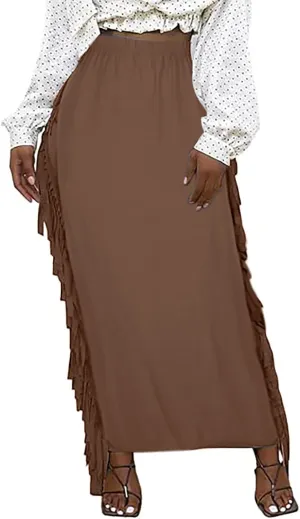 Women's Fringe Maxi Skirts Side Tassels Slim Bodycon Skirts Plus Size Elastic High Waist Long Pencil Skirts