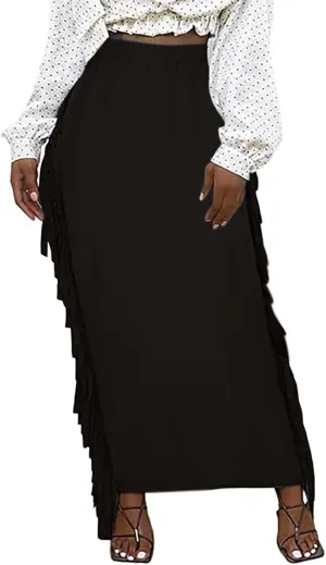 Women's Fringe Maxi Skirts Side Tassels Slim Bodycon Skirts Plus Size Elastic High Waist Long Pencil Skirts