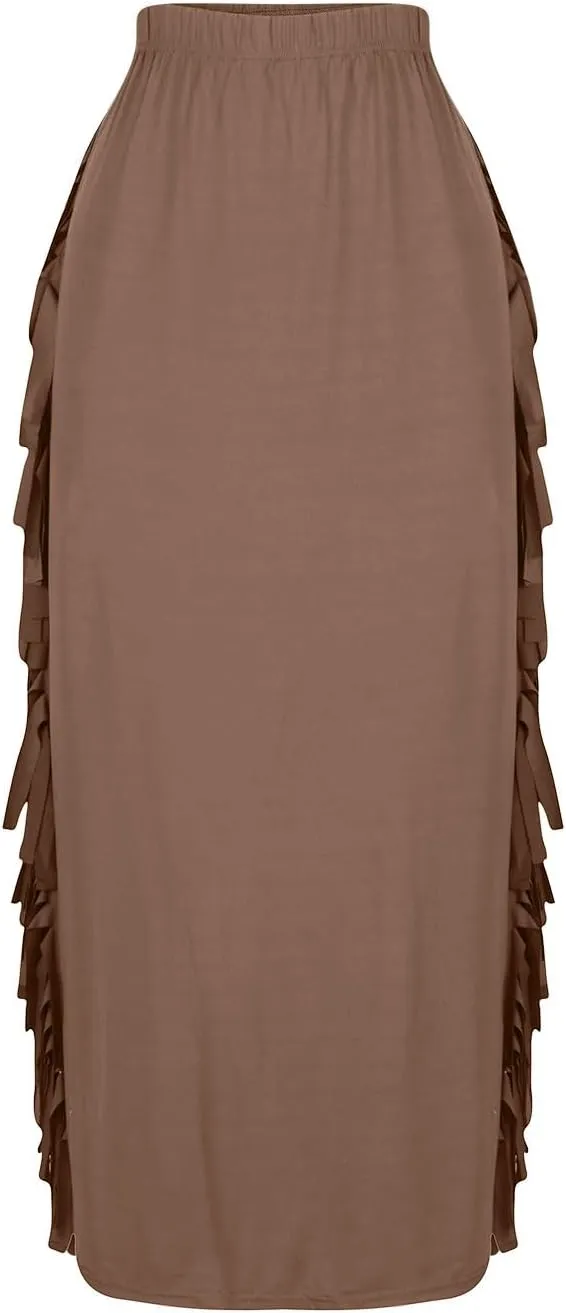 Women's Fringe Maxi Skirts Side Tassels Slim Bodycon Skirts Plus Size Elastic High Waist Long Pencil Skirts