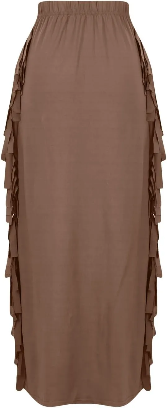 Women's Fringe Maxi Skirts Side Tassels Slim Bodycon Skirts Plus Size Elastic High Waist Long Pencil Skirts