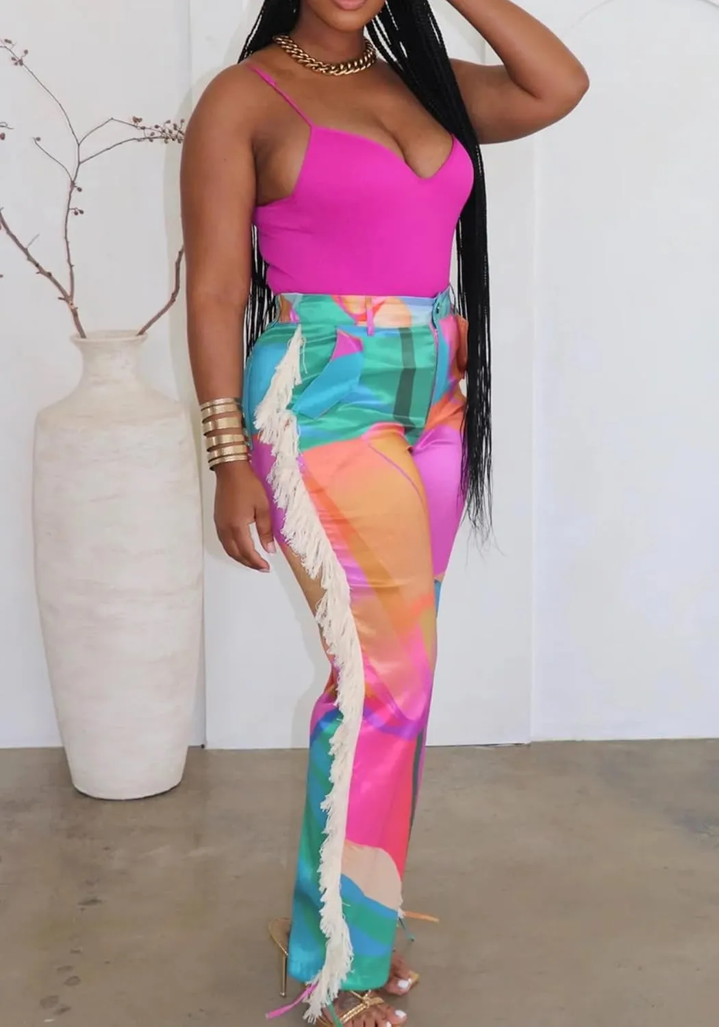 Womens Fringe Pants High Waist Printing Tassel Wide Leg Trousers Joggers Casual Satin Pants